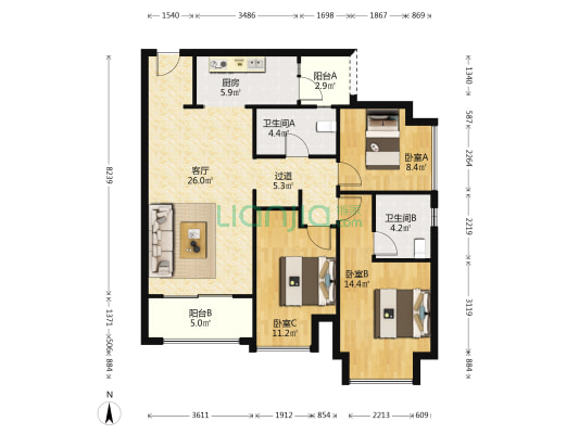 蓝光悦江府二期 3室1厅2卫 106平方