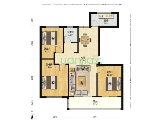 金茂嘉苑 3室1厅1卫 117平方