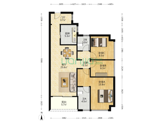 时代水岸三期 3室1厅2卫 97平方