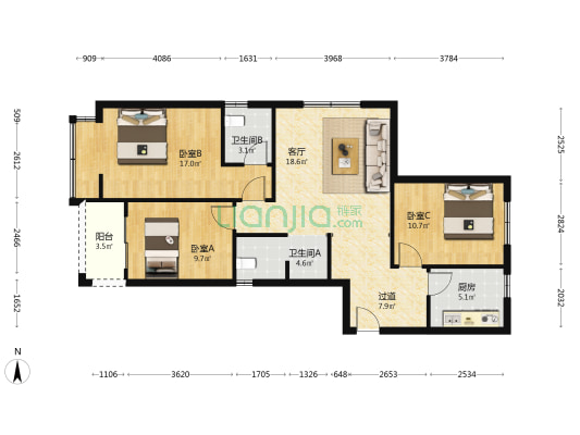 金锣湾得福园 3室1厅2卫 115平方