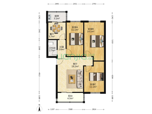 黄河路106号院 3室2厅1卫 87平方