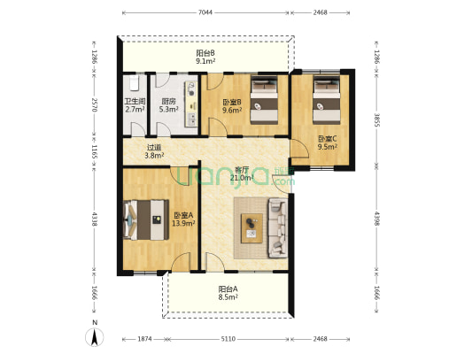 省外贸宿舍 3室1厅1卫 85平方