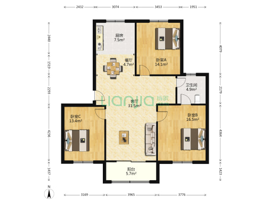 顺馨佳园 3室2厅1卫 121平方