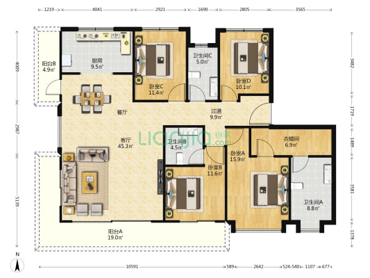 水岸云萃二期 4室1厅3卫 189平方