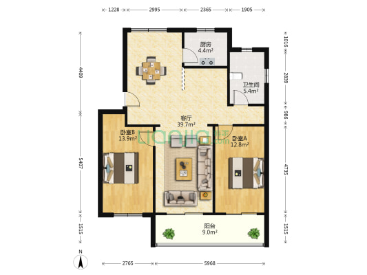 民主二路30号 2室1厅1卫 103平方