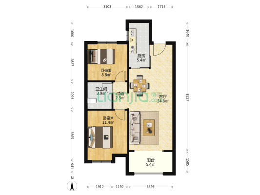 保利城和雅小区 2室1厅1卫 89平方