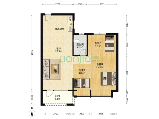 万城华府 3室1厅1卫 105平方
