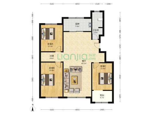 明月山庄 3室1厅1卫 133平方