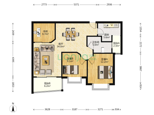 今日丽园 3室1厅1卫 107平方