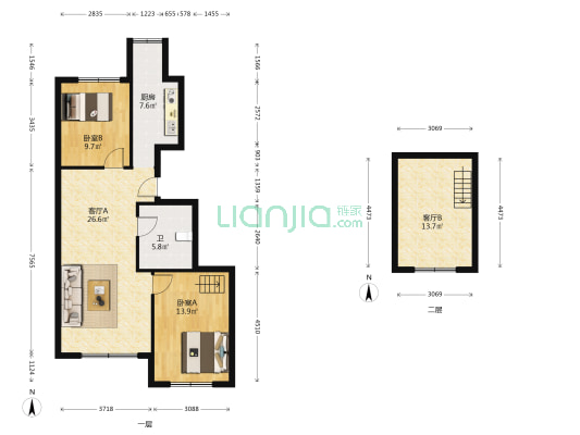 名仕汽研小区 2室2厅1卫 86平方