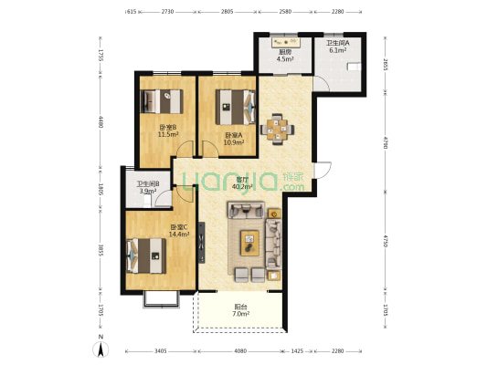 嘉和苑 3室1厅2卫 127平方