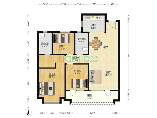阳光嘉园 3室1厅2卫 122平方