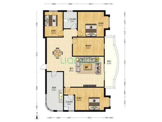 龙珠丽锦花园 3室1厅2卫 167平方
