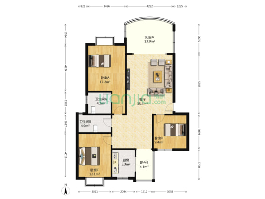 阳光森林半岛 3室1厅2卫 116平方