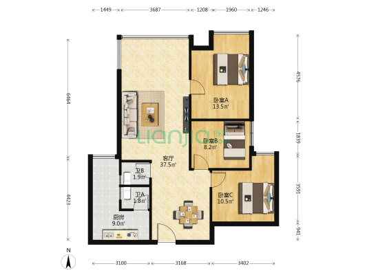 天生天城B区 3室1厅2卫 99平方