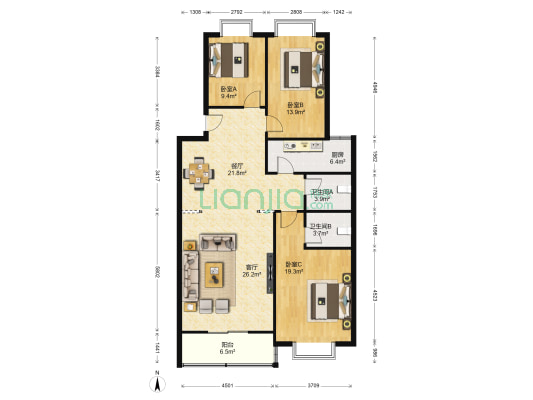 西航西苑小区 3室2厅2卫 138平方
