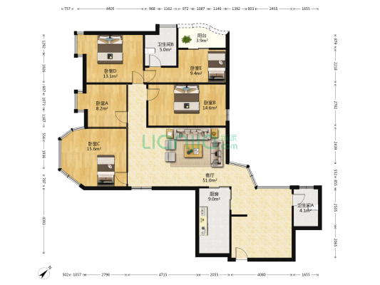 金城广场君华府 5室1厅2卫 156平方