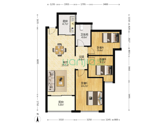 江南华府 3室1厅1卫 96平方