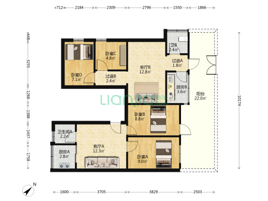 海乐花园 4室2厅2卫 94平方