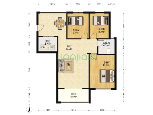 简爱城 3室1厅1卫 90平方