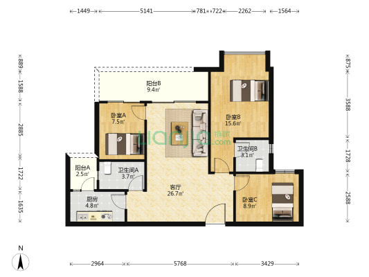 阳光城云湖里F组团 3室1厅2卫 99平方