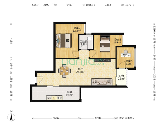 招商雍江府 3室1厅1卫 96平方