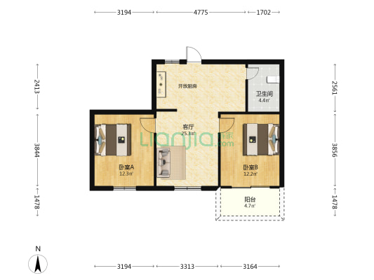 社会主义学院宿舍 2室1厅1卫 73平方