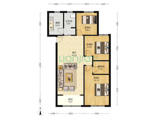 城投汉邦广场 3室1厅1卫 120平方