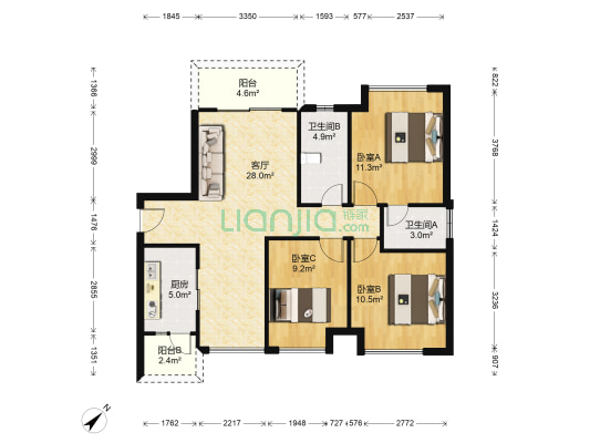 保利紫山国际花苑二期 3室1厅2卫 96平方