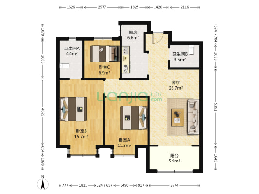绿地国际城牡丹明都 3室1厅2卫 116平方