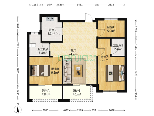 昆华玉府 3室1厅2卫 89平方