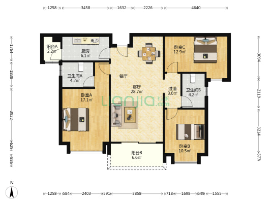 西安恒大悦龙台 3室1厅2卫 128平方
