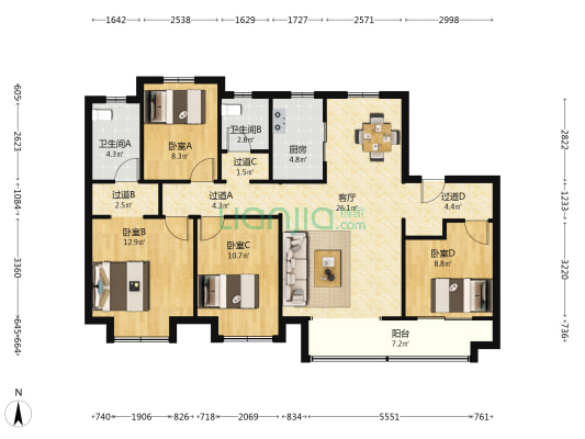 世茂璀璨澜庭 4室1厅2卫 135平方