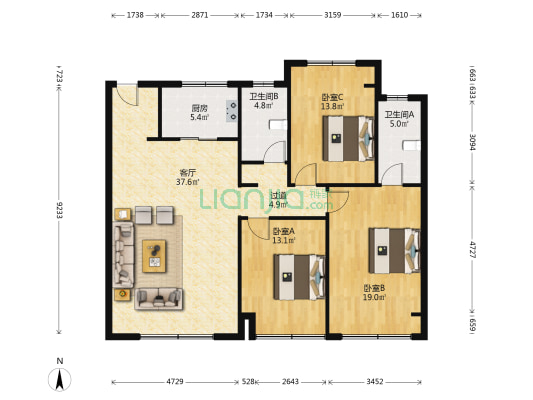 云萃景园 3室1厅2卫 127平方