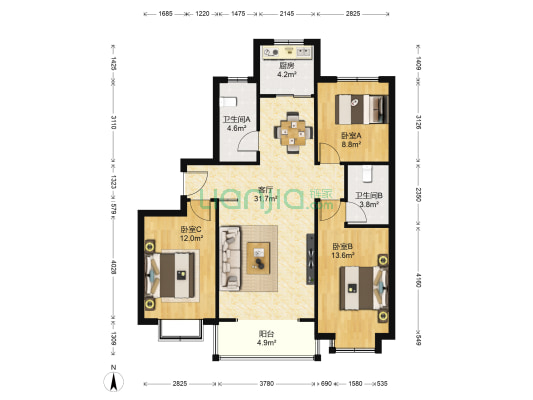 常山家园 3室1厅2卫 124平方
