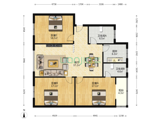 十里花园 3室1厅2卫 138平方