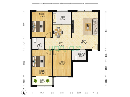 先天下 2室2厅2卫 126平方