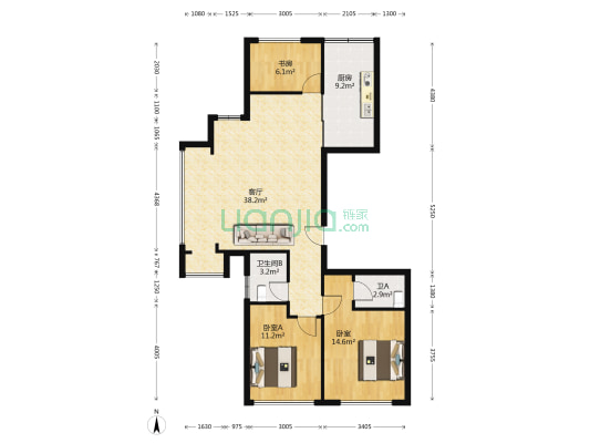 蓝田小区 3室1厅2卫 125平方