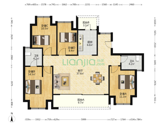 复地公园和光C88区 4室1厅2卫 135平方