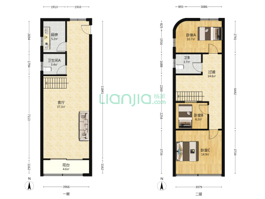 华凌住宅小区 3室1厅2卫 104平方
