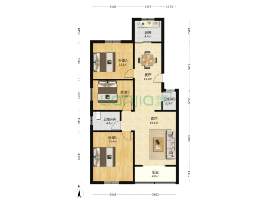 陕西日报社家属院 3室2厅2卫 104平方