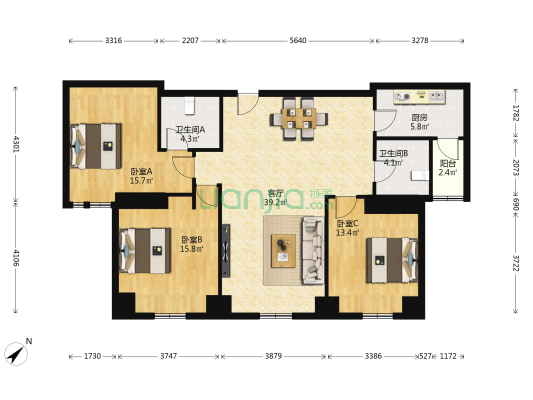 人寿大厦 3室1厅2卫 134平方