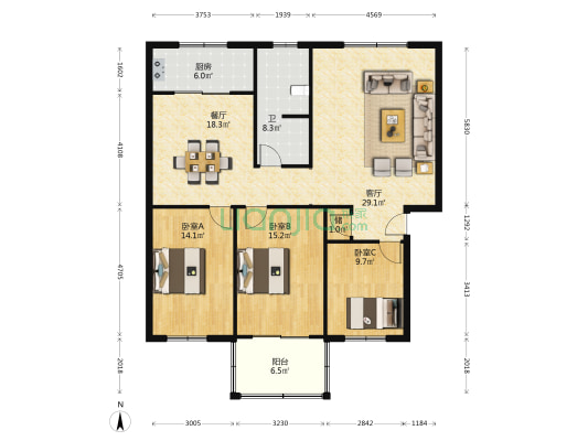 一建家属院 3室2厅1卫 123平方