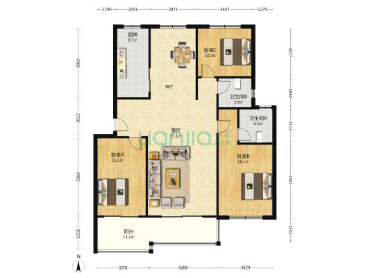 当代帝中海 3室1厅2卫 145平方