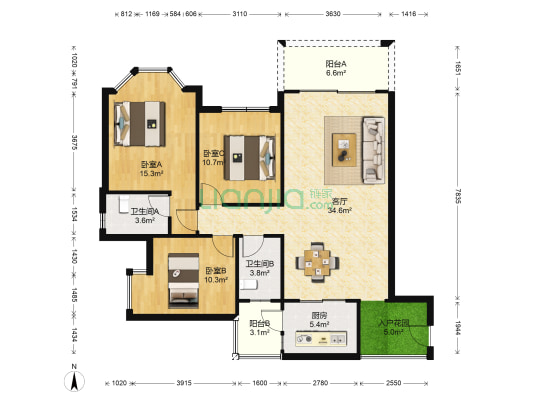 阳光嘉园 3室1厅2卫 118平方