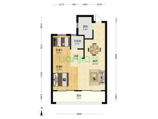 金茂·花漫里 2室1厅1卫 80平方