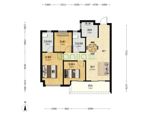 夏荷郡三区 3室1厅2卫 90平方