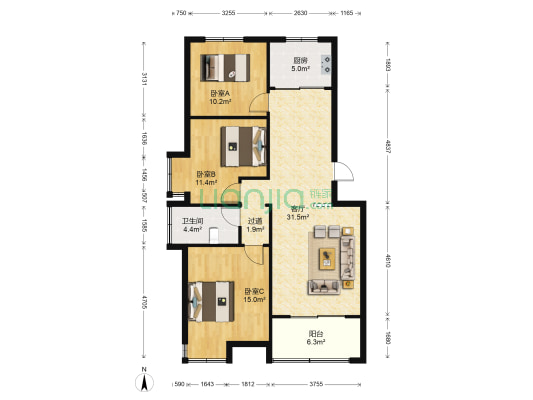 文化雅居 3室1厅1卫 105平方