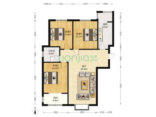 广杰龙湖华庭 3室1厅1卫 127平方