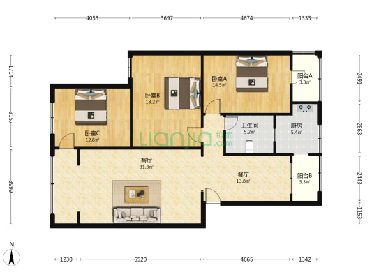 花市巷31号 3室2厅1卫 126平方